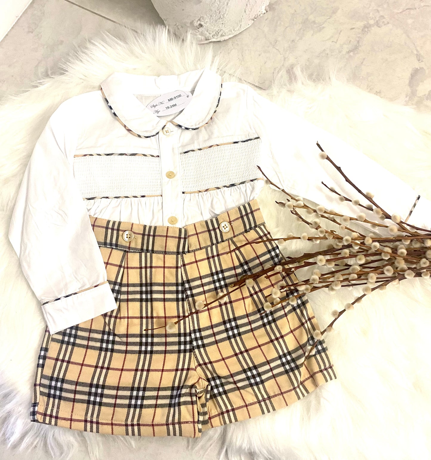 Jax Cream Check Smock Shirt & Shorts Set